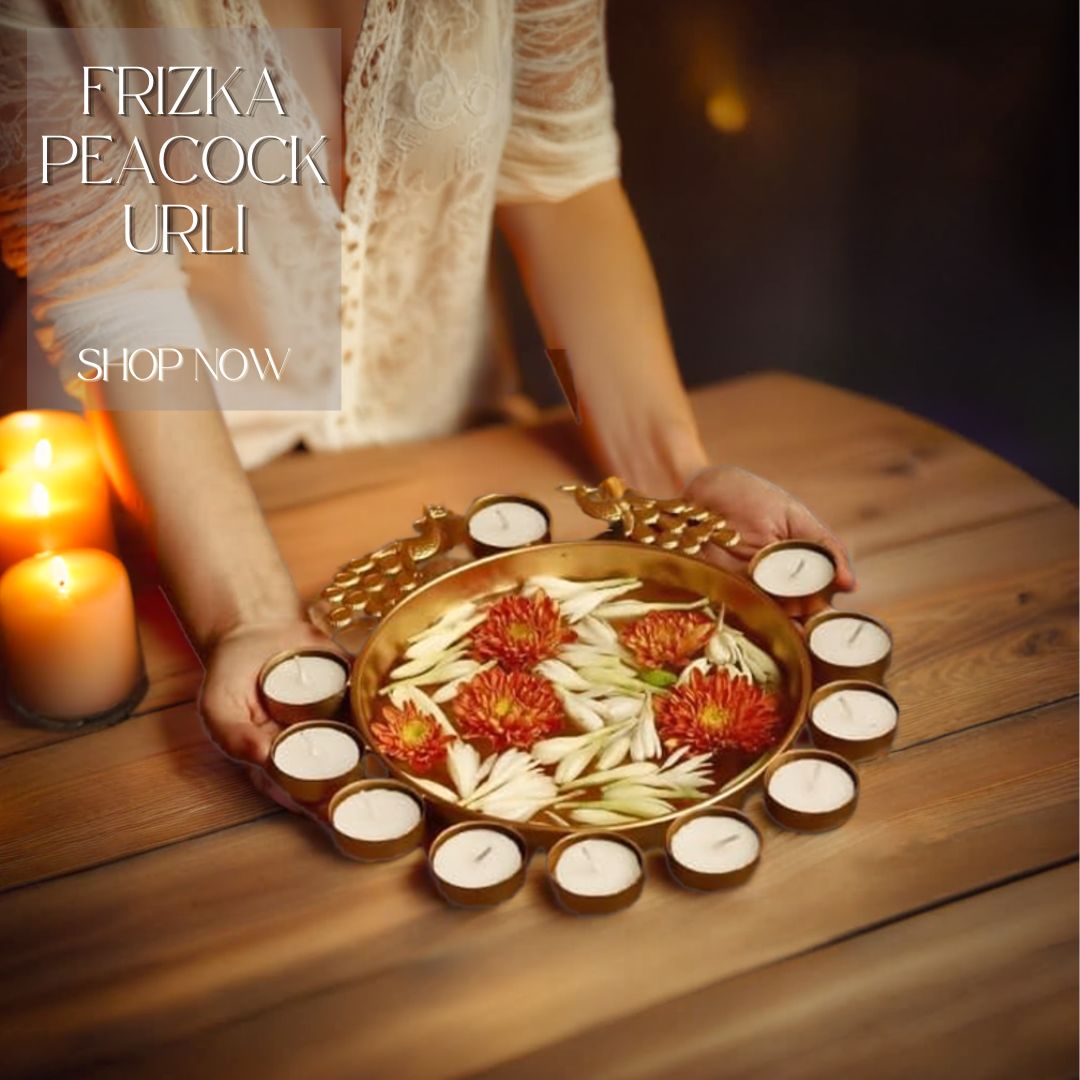 Frizka Peacock Round Tabletop Urli with Tea Light Candle Holder | 1 Pc | 10 inches Dia
