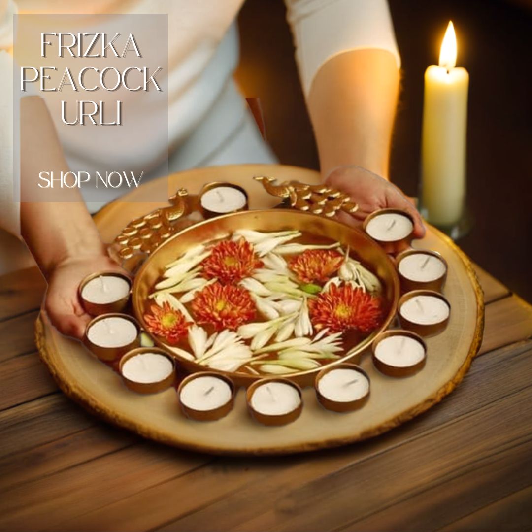 Frizka Peacock Round Tabletop Urli with Tea Light Candle Holder | 1 Pc | 10 inches Dia