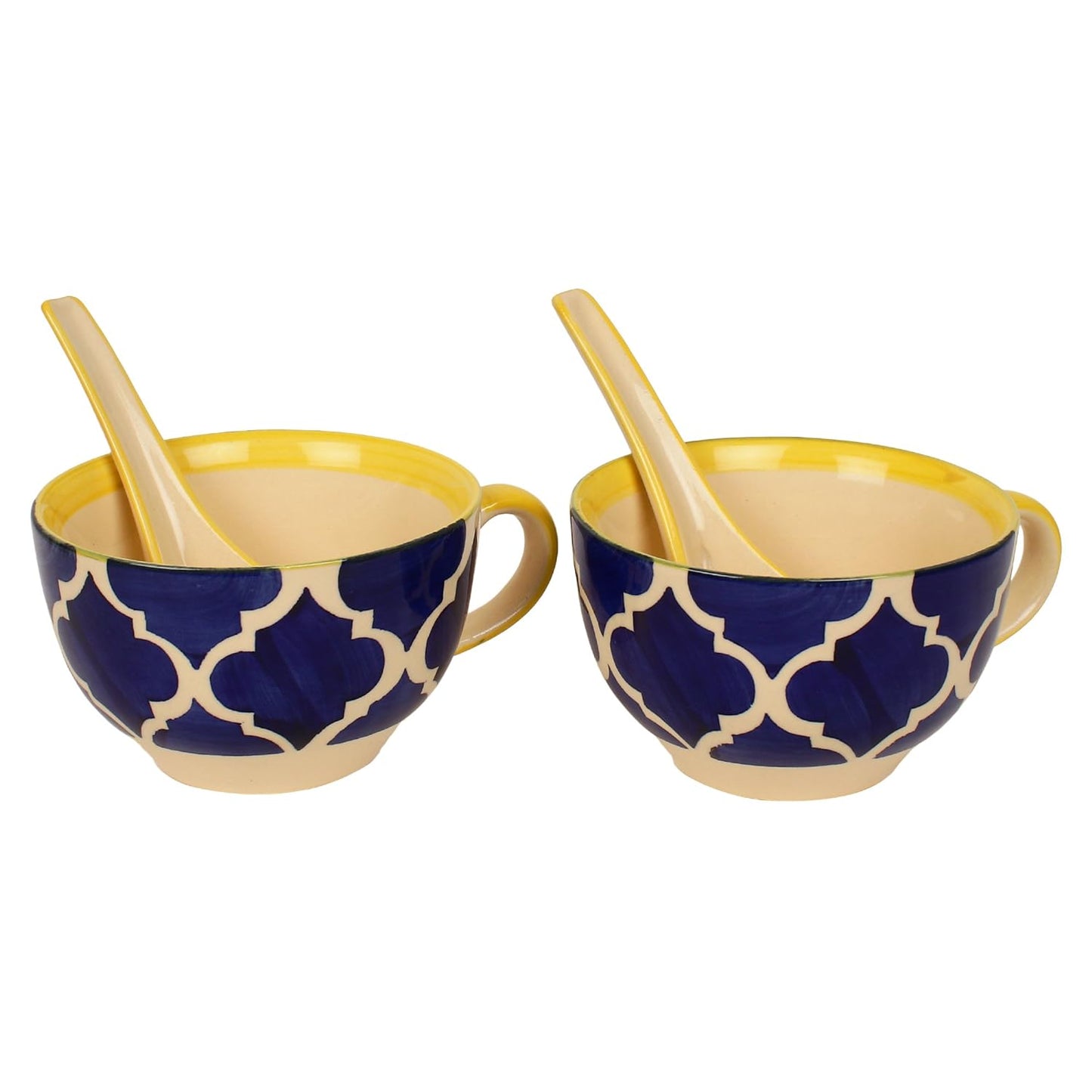 Frizka Ceramic Soup Bowls with Spoons Set of 2, Microwave and Dishwasher Safe, Food Grade Material, Pattern Soup Bowl with Matching Spoon, 300 ml, Blue