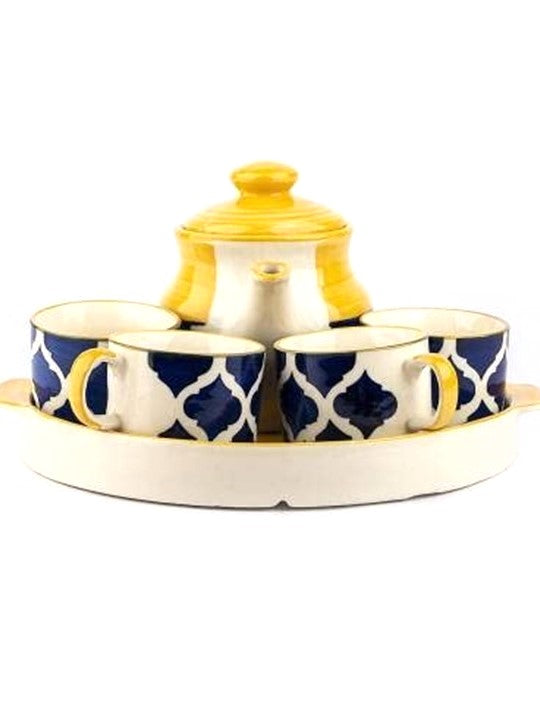 Frizka Blue Moroccan Tea Set with Kettle, Hand Painted Ceramic Tea Kettle Set with 4 Cups(150ml), 1 Kettle(700ml), 1 Tray (6 Pieces, Multicolor, Microwave Safe)