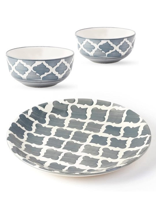 Frizka Moroccan Hand-Painted Premium Dinner Set Ceramic 12 Pcs for Family of 4 | 4 Dinner Plates, 4 Side/Quarter Plates & 4 Bowl/katori | Dishwasher & Microwave Safe - Grey