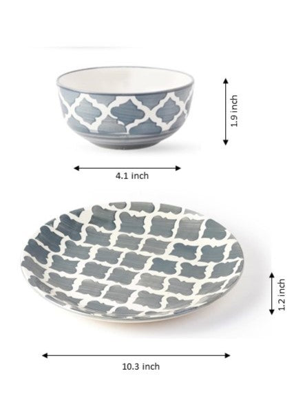 Frizka Moroccan Hand-Painted Premium Dinner Set Ceramic 12 Pcs for Family of 4 | 4 Dinner Plates, 4 Side/Quarter Plates & 4 Bowl/katori | Dishwasher & Microwave Safe - Grey