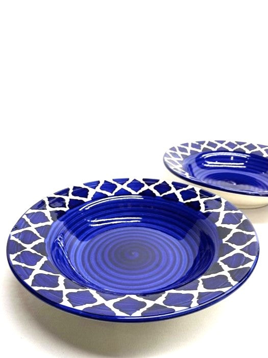 Frizka Ceramic Side Plate Blue Moroccan Pasta Plate Serving Plates, Soup Plate for Serving Chowmine, Pasta, Snacks & Breakfast, Set of 2 Big Plates (Microwave & Dishwasher Safe)