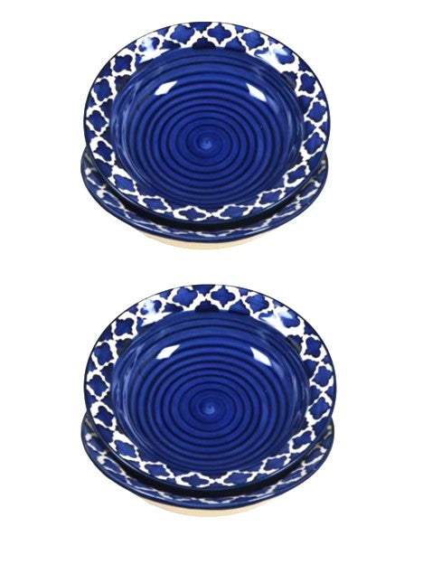 Frizka Ceramic Side Plate Blue Moroccan Pasta Plate Serving Plates, Soup Plate for Serving Chowmine, Pasta, Snacks & Breakfast, Set of 2 Big Plates (Microwave & Dishwasher Safe)
