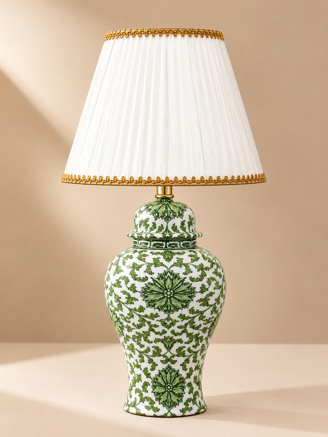Green & White Floral Ceramic Table Lamp with Gold