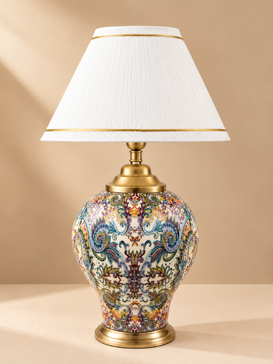 Paisley & Floral Ceramic Table Lamp with Gold Finish