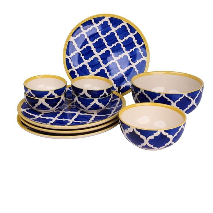 Frizka Pack of 10 Ceramic Handpainted Plates With Katoris & Serving Bowls (Serving for 4) Dinner Set (Multicolor, Microwave Safe)