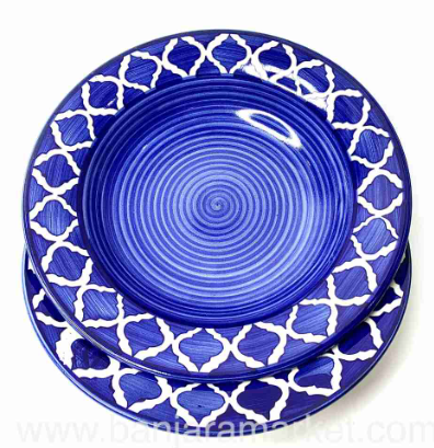 Frizka Ceramic Side Plate Blue Moroccan Pasta Plate Serving Plates, Soup Plate for Serving Chowmine, Pasta, Snacks & Breakfast, Set of 2 Big Plates (Microwave & Dishwasher Safe)