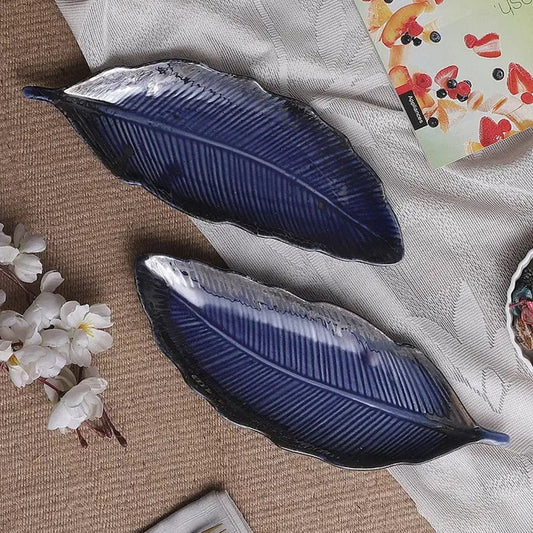 Blue Ceramic Exotic Glazed Leaf Platter - 1 Piece