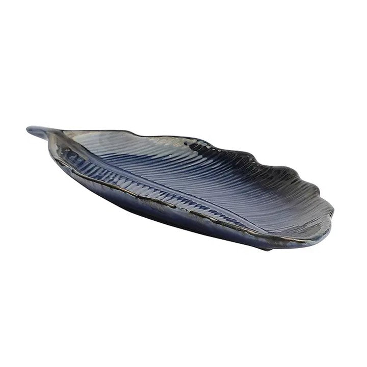 Blue Ceramic Exotic Glazed Leaf Platter Set of 2