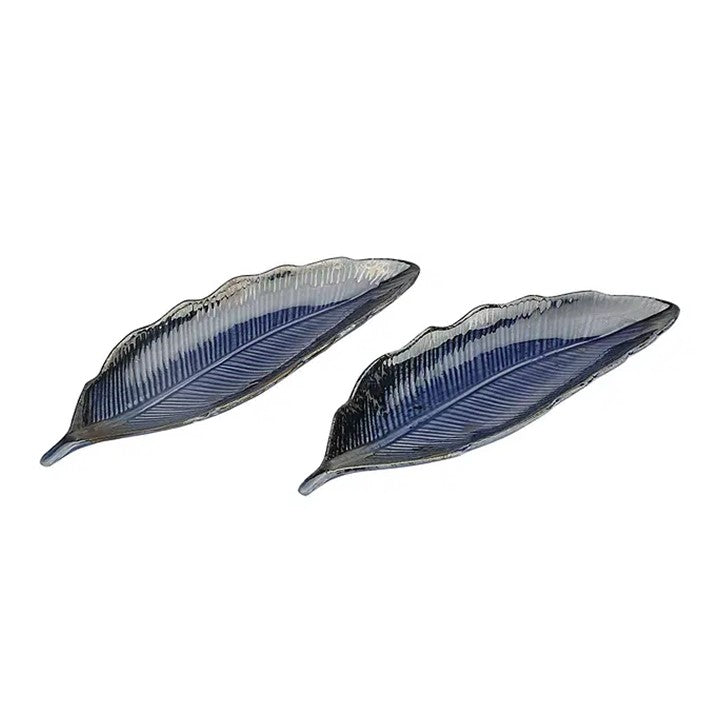 Blue Ceramic Exotic Glazed Leaf Platter Set of 2