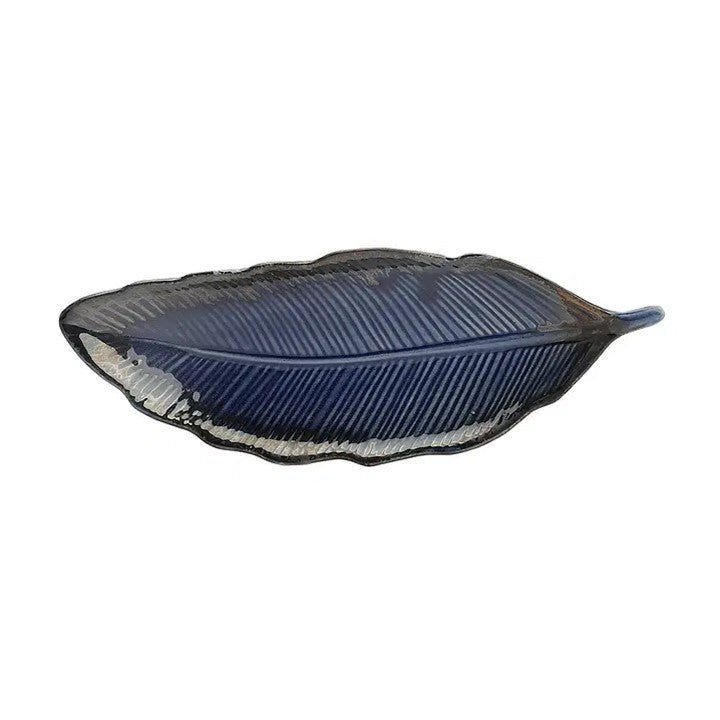 Blue Ceramic Exotic Glazed Leaf Platter Set of 2