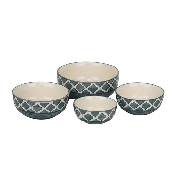 Frizka Ceramic Mixing Bowl Set of 4 - Different Size Bowl - 1000ML, 750Ml, 500Ml & 300Ml, Moroccan Pattern Grey color, Serving Bowl | Salad Bowl | Soup Bowl | Dessert Bowl | Mix Bowl Set- Set of 4