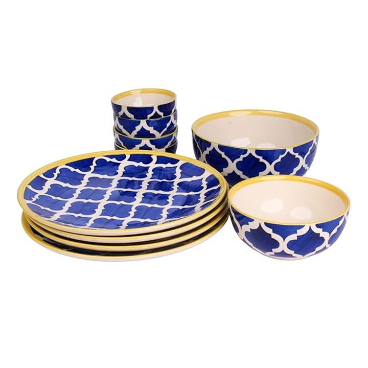 Frizka Pack of 10 Ceramic Handpainted Plates With Katoris & Serving Bowls (Serving for 4) Dinner Set (Multicolor, Microwave Safe)