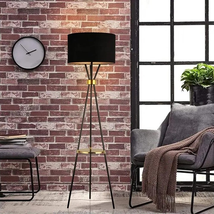 Gold and Black Shade Tripod Plant Stand Floor Lamp with one Tier Table