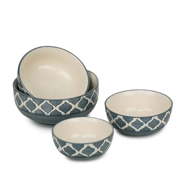 Frizka Ceramic Mixing Bowl Set of 4 - Different Size Bowl - 1000ML, 750Ml, 500Ml & 300Ml, Moroccan Pattern Grey color, Serving Bowl | Salad Bowl | Soup Bowl | Dessert Bowl | Mix Bowl Set- Set of 4