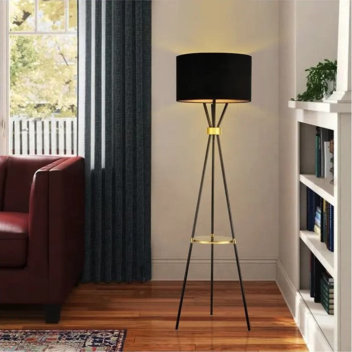 Gold and Black Shade Tripod Plant Stand Floor Lamp with one Tier Table