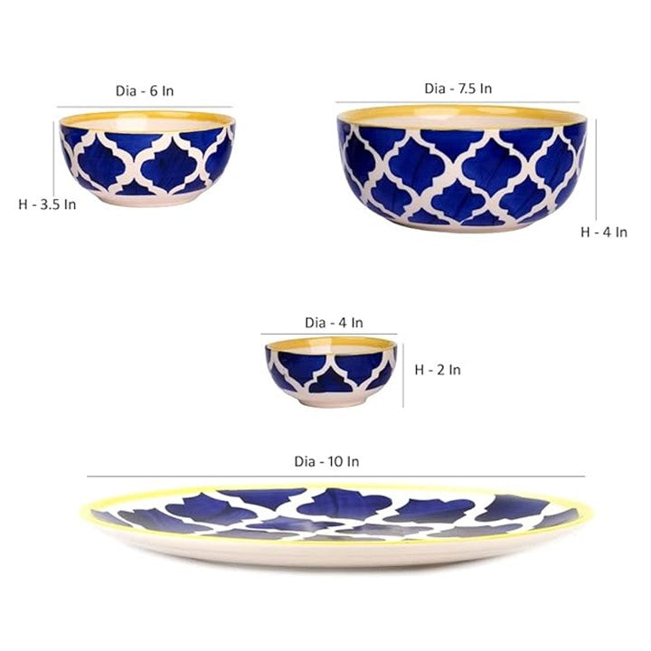 Frizka Pack of 10 Ceramic Handpainted Plates With Katoris & Serving Bowls (Serving for 4) Dinner Set (Multicolor, Microwave Safe)