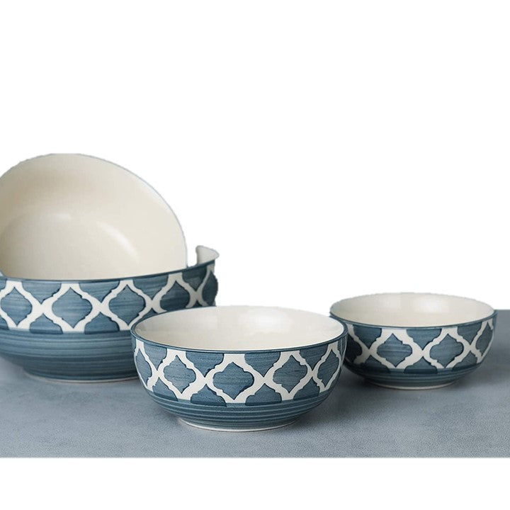 Frizka Ceramic Mixing Bowl Set of 4 - Different Size Bowl - 1000ML, 750Ml, 500Ml & 300Ml, Moroccan Pattern Grey color, Serving Bowl | Salad Bowl | Soup Bowl | Dessert Bowl | Mix Bowl Set- Set of 4