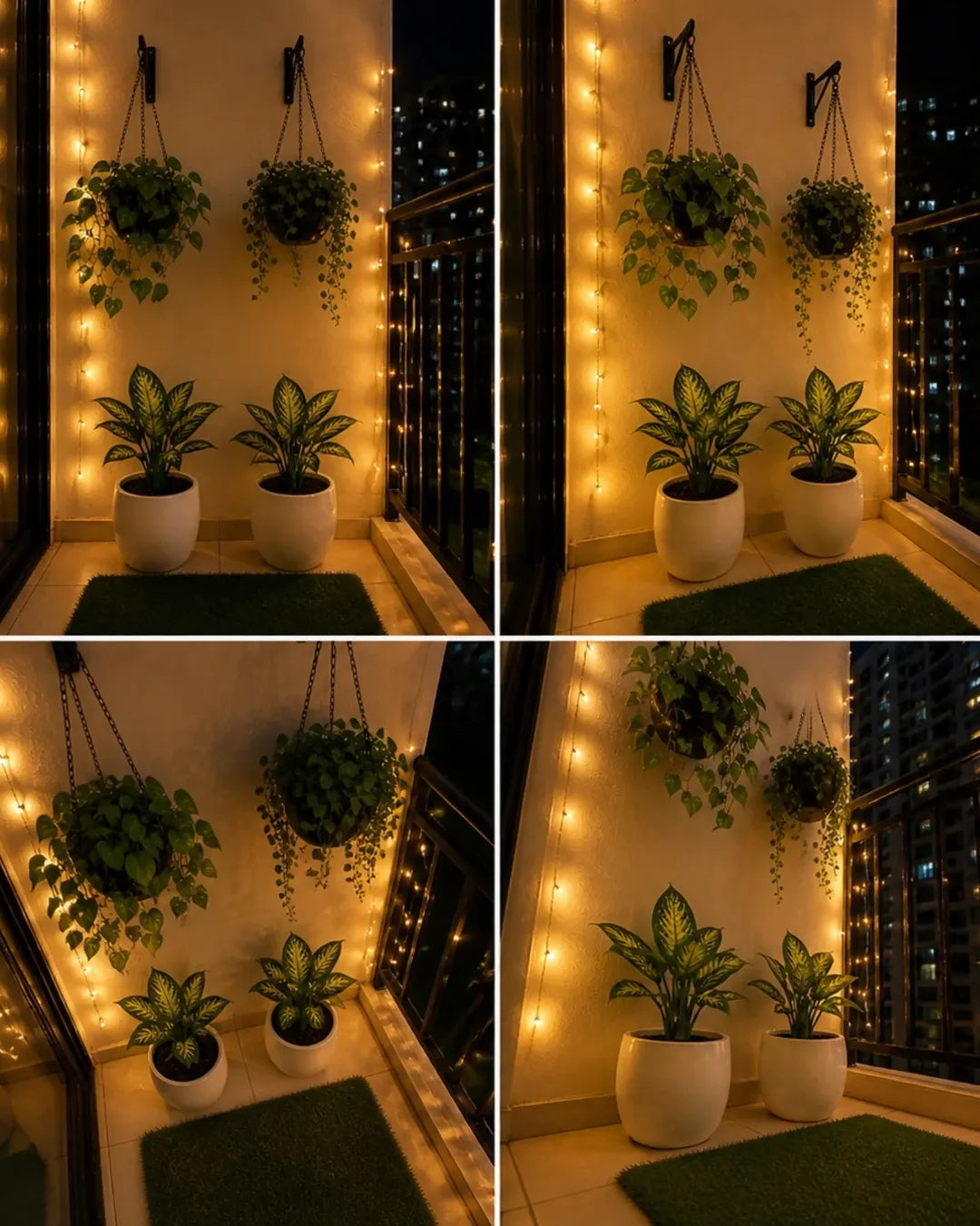 Cozy Balcony Garden Setup – Plants, String Lights & Grass Mat Included | India