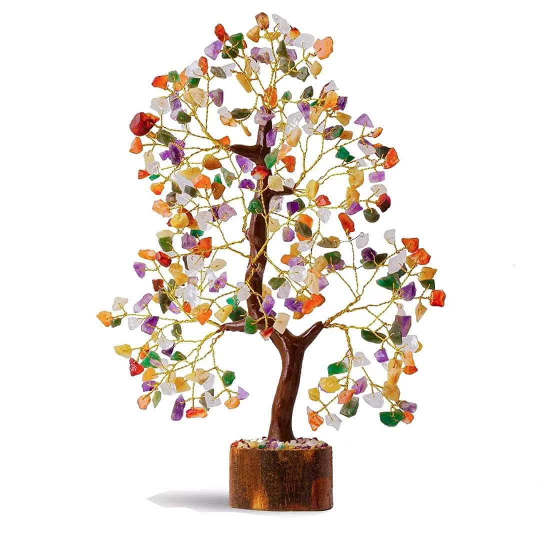FRIZKA Mix Natural Stones with Golden Wire Crystal Gemstone tree for Home Decor 500 chips (Money Tree for Good Luck, Wealth & Home)