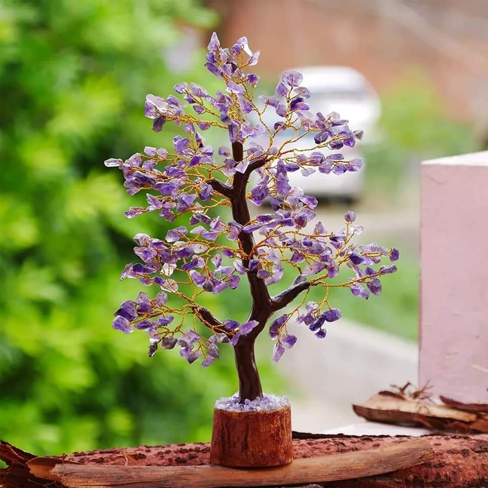 FRIZKA purple Amethyst Gemstone tree with Golden Wire Crystal Gemstone tree for Home Decor 500 chips (Money Tree for Good Luck, Wealth & Home)
