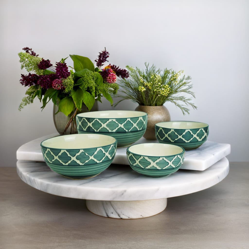 Ceramic Mixing Bowl Set of 4 - Different Size Bowl - 1000ML, 750Ml, 500Ml & 300Ml, Moroccan Pattern Green color, Serving Bowl | Salad Bowl | Soup Bowl | Dessert Bowl | Mix Bowl Set- Set of 4