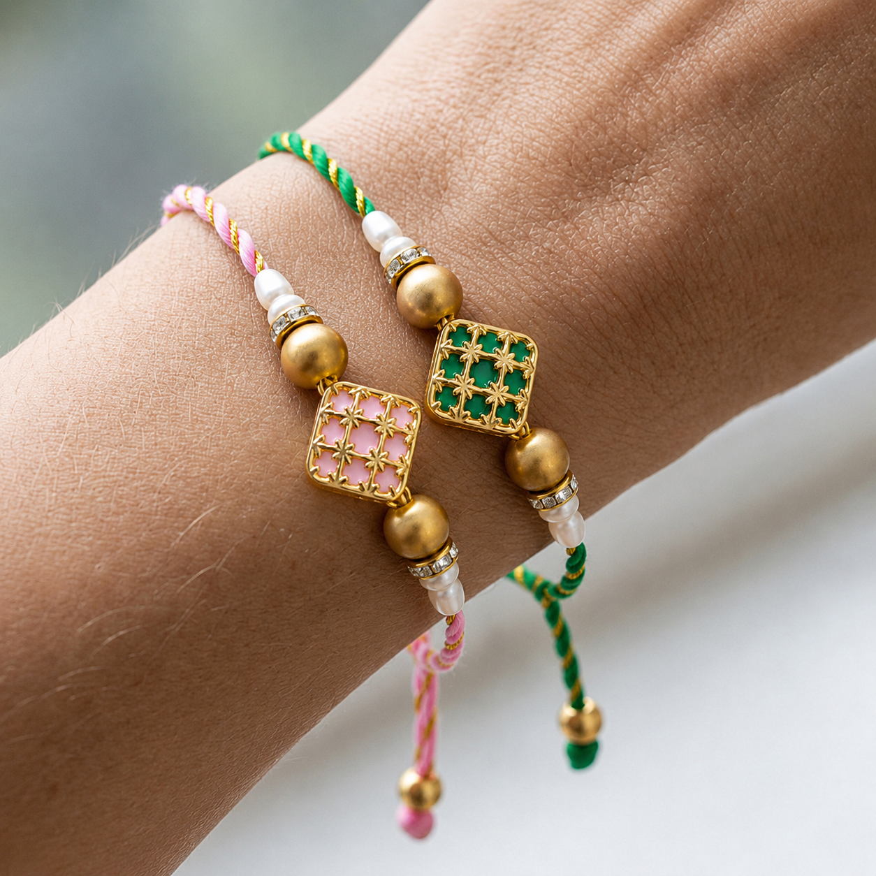 Set of 2 Premium Pastel Pink & Emerald Green Designer Rakhi for Brother