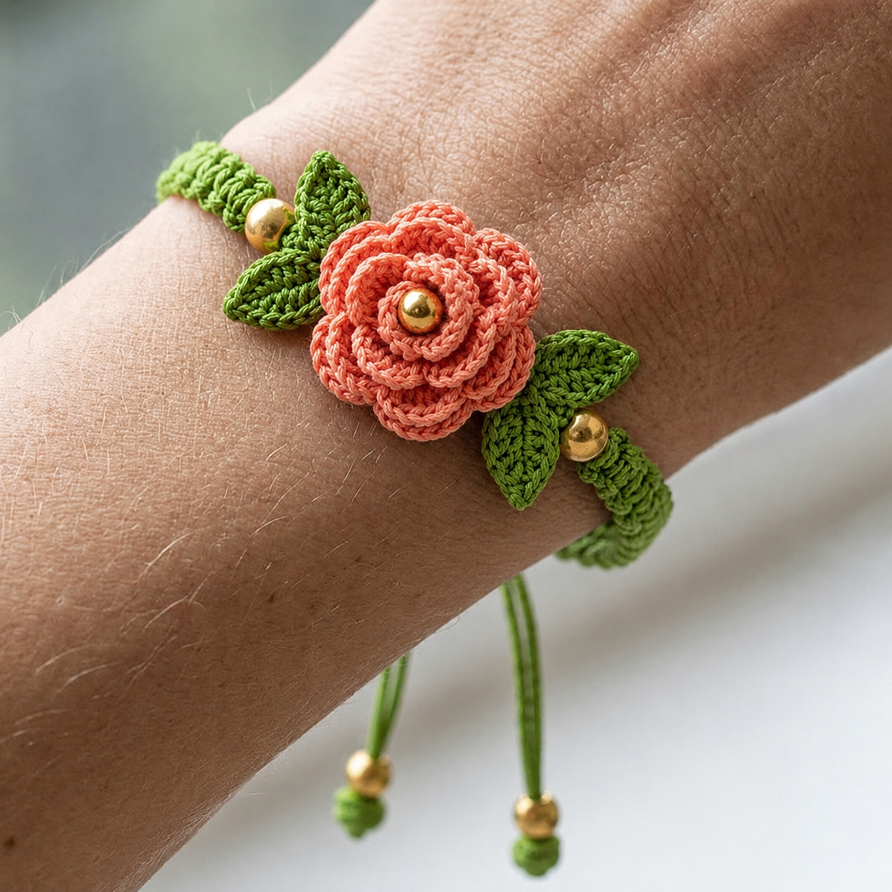 Peach Rose & Green Leaf Cotton Thread Rakhi
