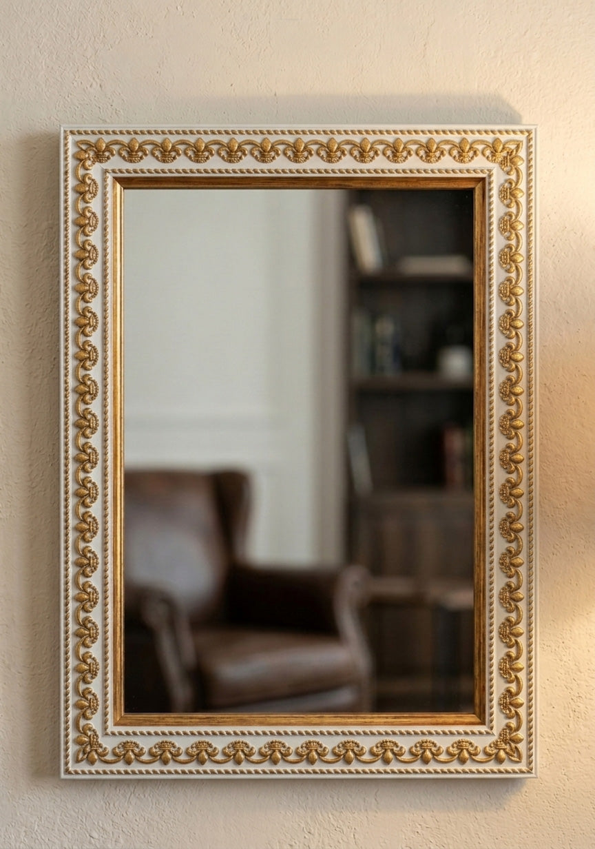 Classic Gold Accent Decorative Mirror Frame | 13.75" x 19.75" | White & Brown | Wall Décor