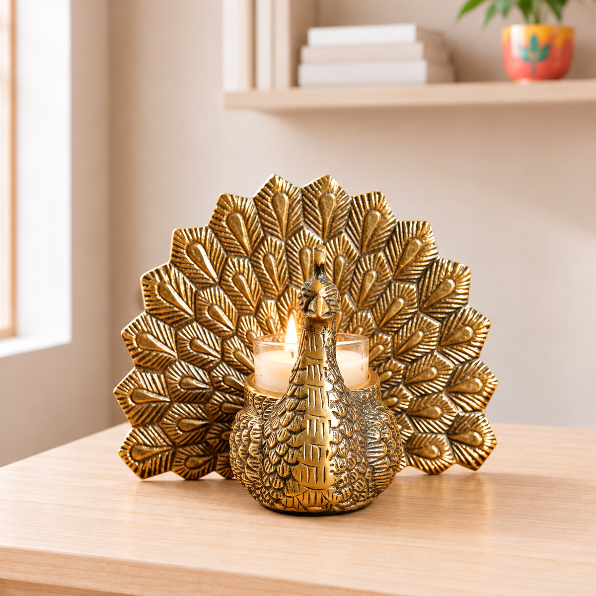 Metal Dancing Peacock with Scented Glass Votive Candle, Golden