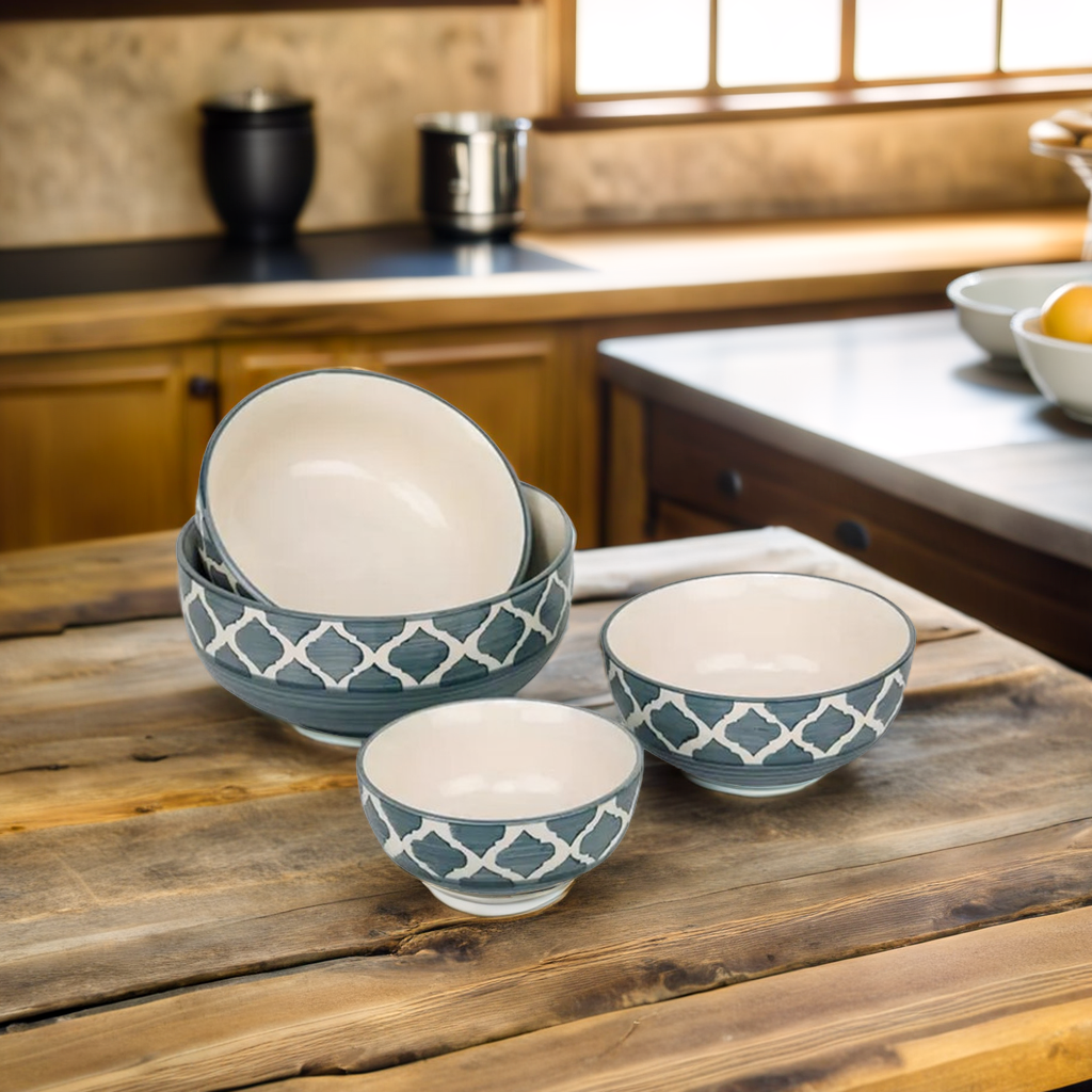 Frizka Ceramic Mixing Bowl Set of 4 - Different Size Bowl - 1000ML, 750Ml, 500Ml & 300Ml, Moroccan Pattern Grey color, Serving Bowl | Salad Bowl | Soup Bowl | Dessert Bowl | Mix Bowl Set- Set of 4