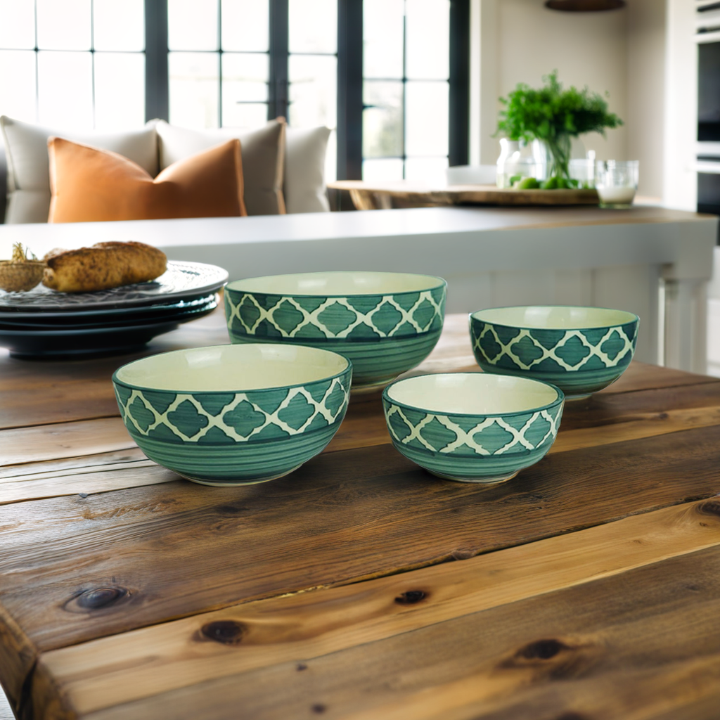 Ceramic Mixing Bowl Set of 4 - Different Size Bowl - 1000ML, 750Ml, 500Ml & 300Ml, Moroccan Pattern Green color, Serving Bowl | Salad Bowl | Soup Bowl | Dessert Bowl | Mix Bowl Set- Set of 4