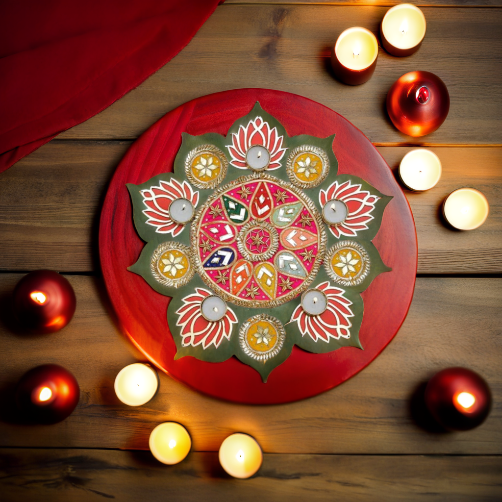 Frizka handmade Gota Work with Multicolor Patches Acrylic Rangoli with T Light Holder Handcrafted Home Decoration Diwali Gift Puja (Including 5 Tea Lights)