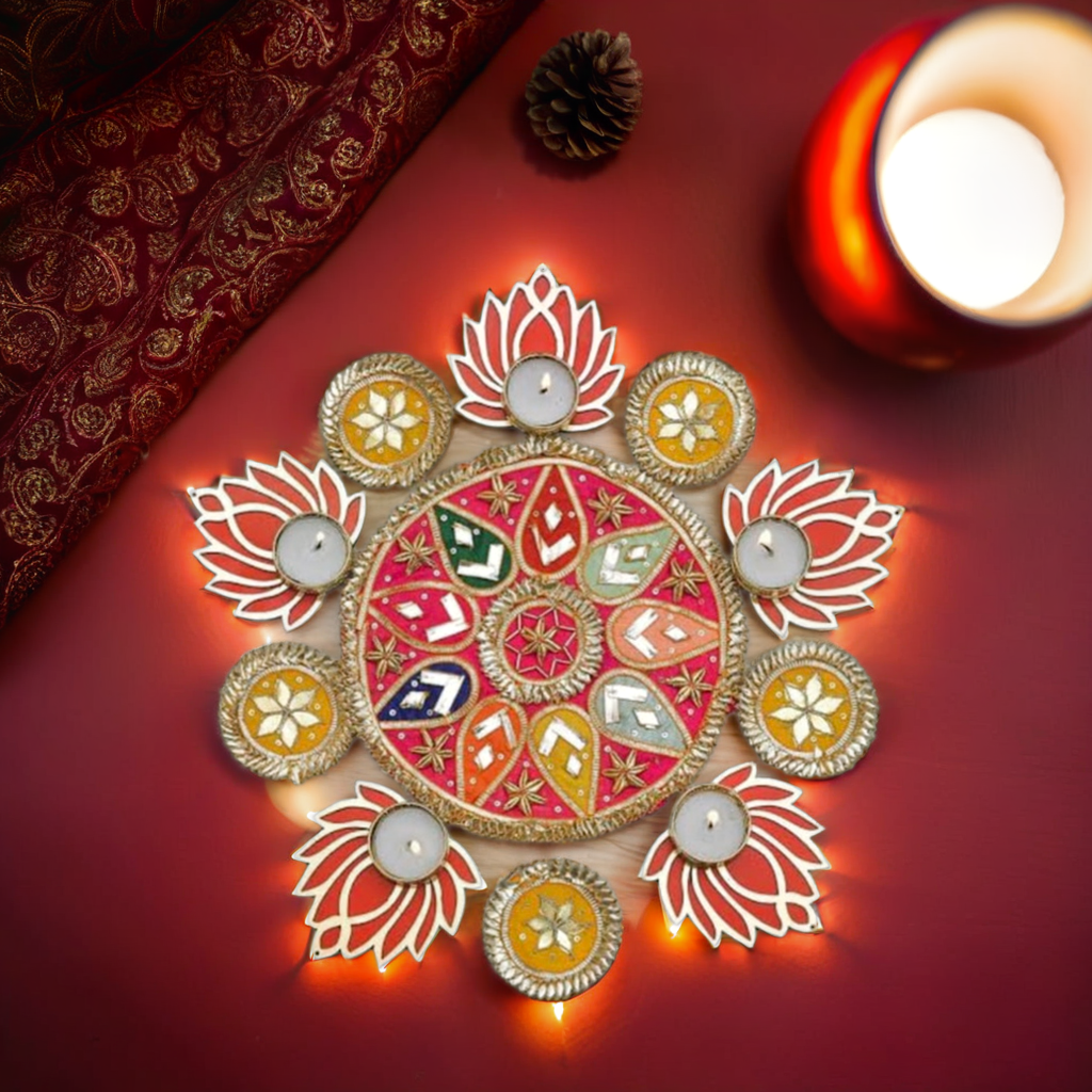 Frizka handmade Gota Work with Multicolor Patches Acrylic Rangoli with T Light Holder Handcrafted Home Decoration Diwali Gift Puja (Including 5 Tea Lights)