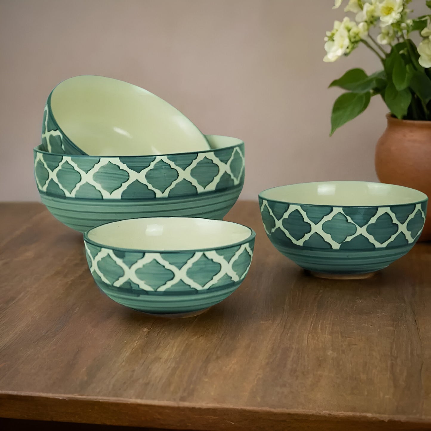 Ceramic Mixing Bowl Set of 4 - Different Size Bowl - 1000ML, 750Ml, 500Ml & 300Ml, Moroccan Pattern Green color, Serving Bowl | Salad Bowl | Soup Bowl | Dessert Bowl | Mix Bowl Set- Set of 4