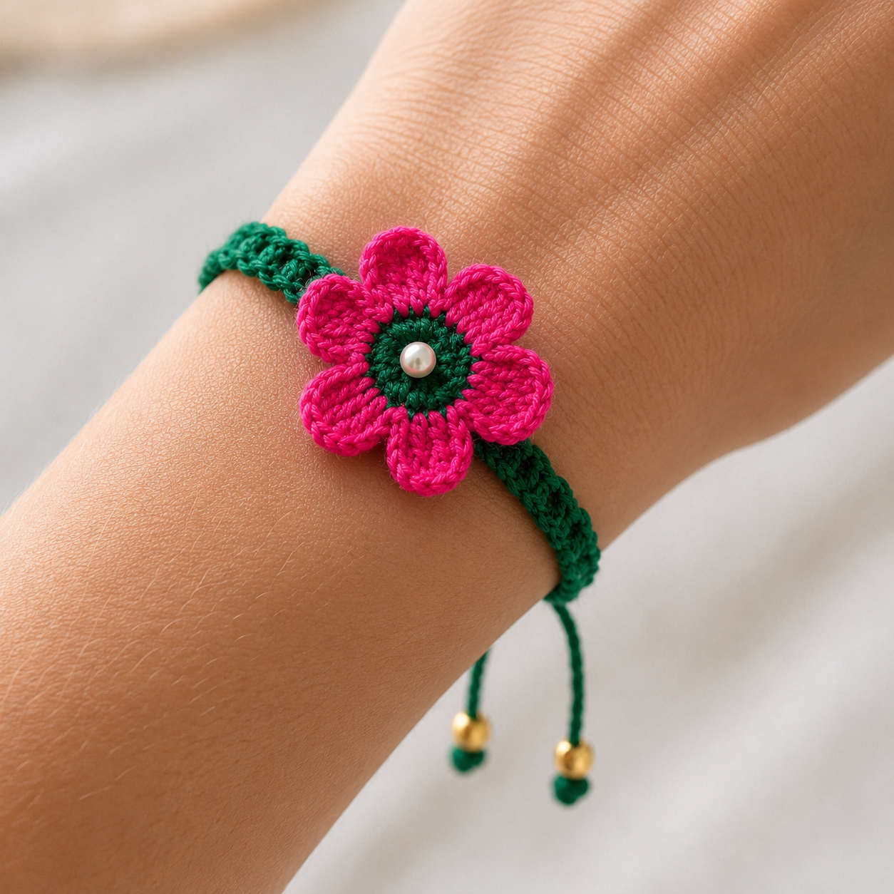 Handmade Crochet Rakhi 2026 | Pink Flower Rakhi with Pearl