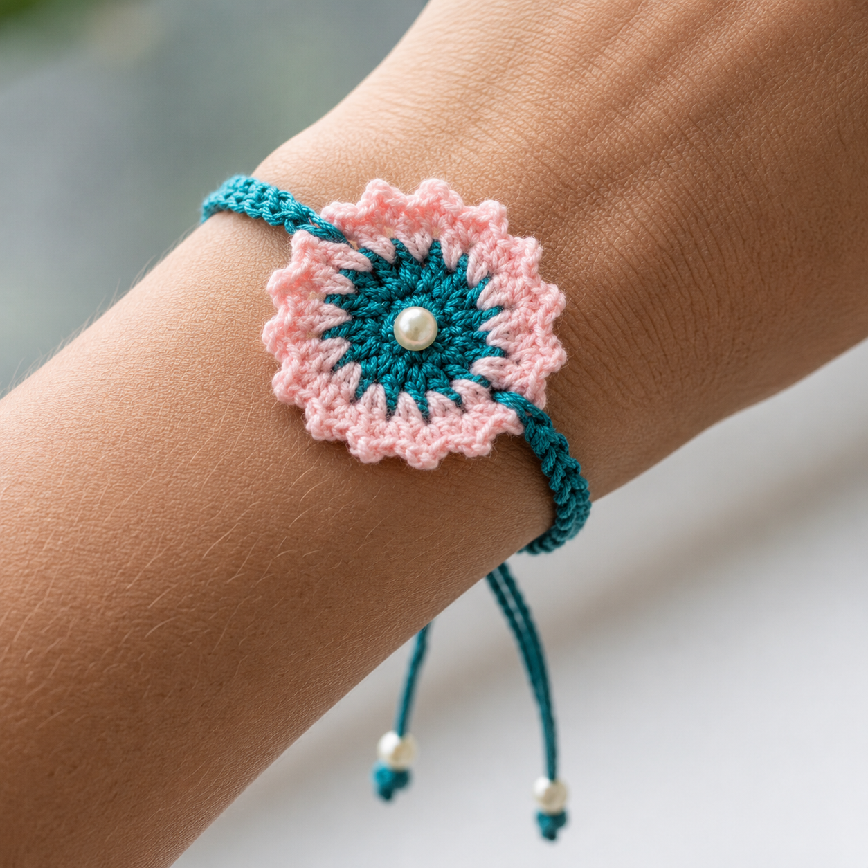 Handmade Crochet Rakhi 2026 | Pink & Teal Flower Rakhi