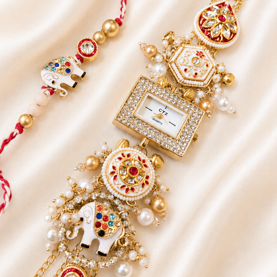 Designer Bhai Bhabhi Rakhi Set of 2 with Decorative Bracelet Watch | Elephant Motif Rakhi