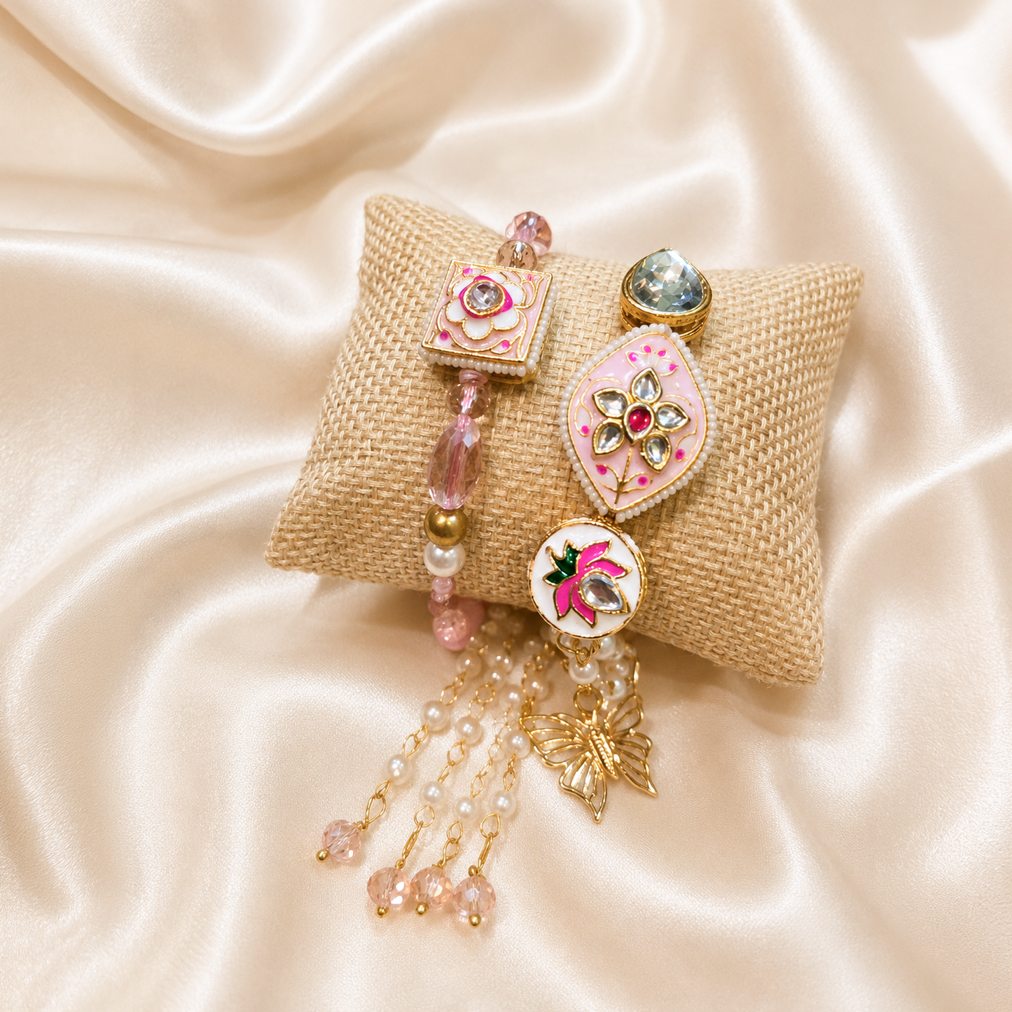 Handcrafted Pink Floral Bhai Bhabhi Rakhi Set with Butterfly Charm & Beaded Bracelet