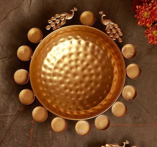 Frizka Peacock Round Tabletop Urli with Tea Light Candle Holder | 1 Pc | 10 inches Dia