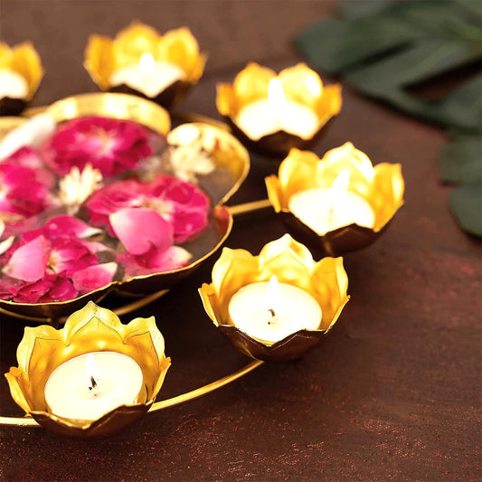 Frizka | Urli Bowl with Lotus Sign for Floating Flowers Round Shape Tea Light Candles Holder Bowl (Iron)- 1 Piece