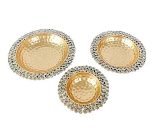 Frizka | Crystal Beaded Urli Bowl for Home Decor for Floating Flowers Round Shape Tea Light Candles Holder Bowl (Iron)- set of 3 (9/11/13 inch)