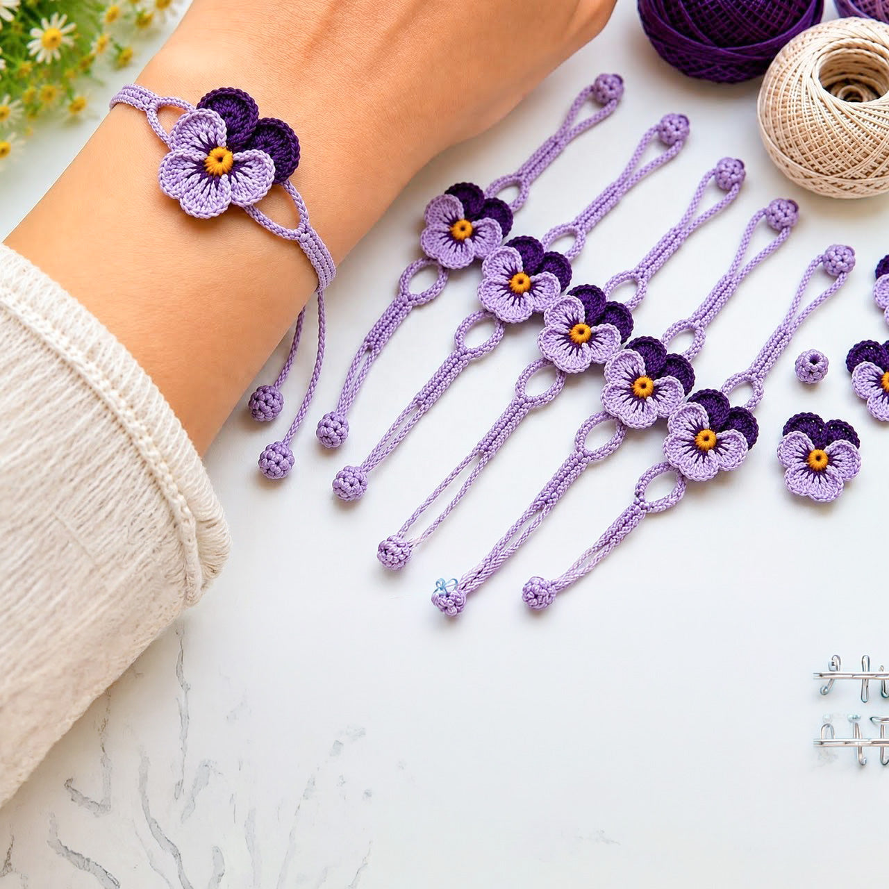 Handmade Purple Crochet Rakhi with Flower (Set of 5)