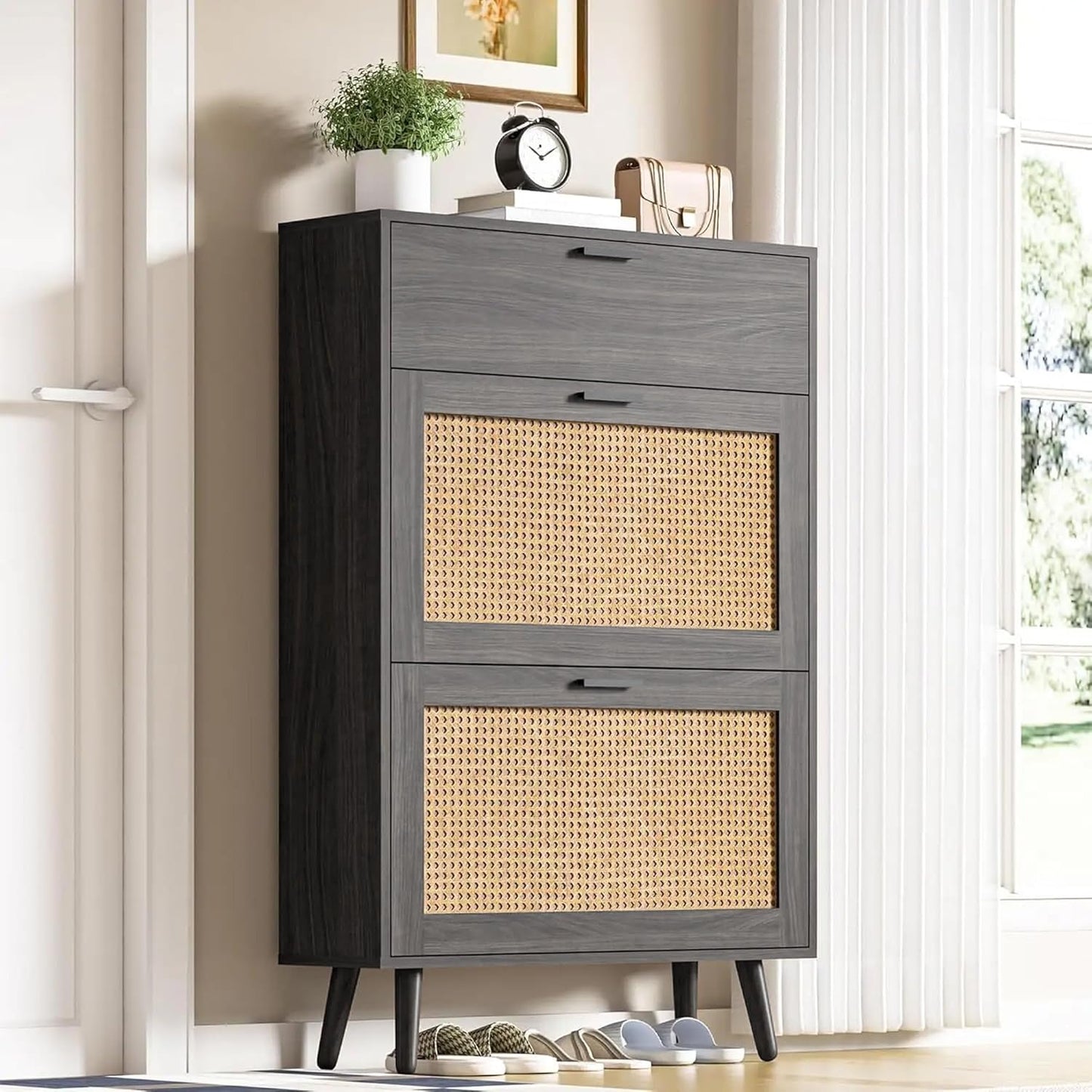 Rattan Shoe Organizer Cabinet Wooden Shoe Rack & Footwear Storage Cabinet