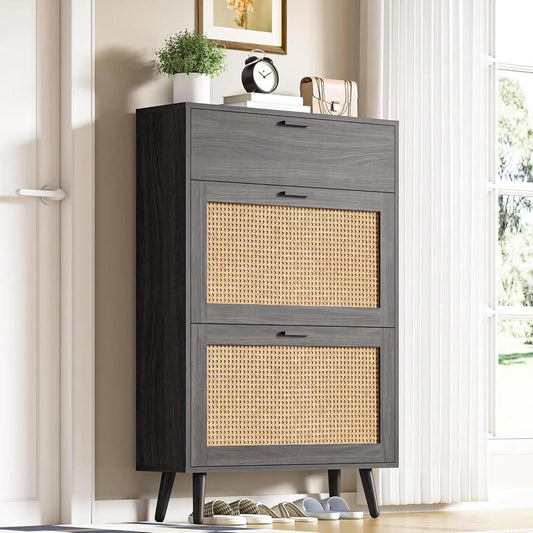 Rattan Shoe Organizer Cabinet Wooden Shoe Rack & Footwear Storage Cabinet