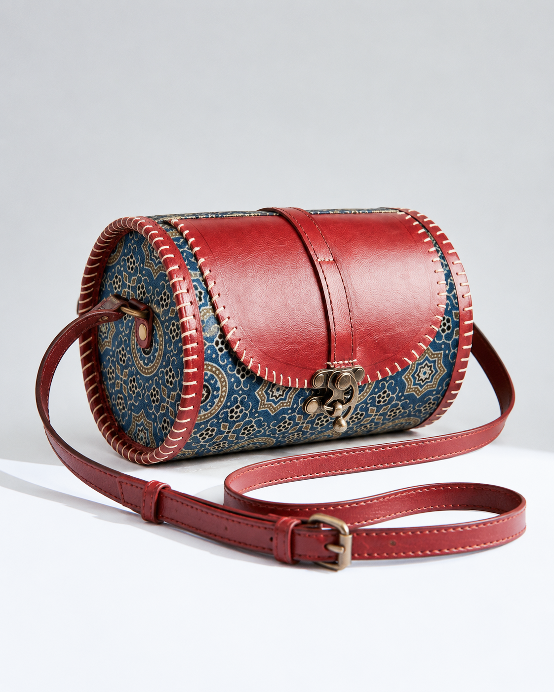 Handcrafted Blue Ajrakh Print Leather Sling Bag
