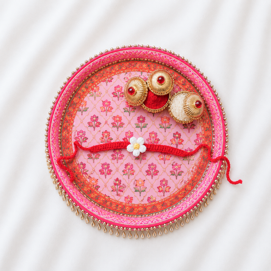 Handmade Crochet Daisy Rakhi with Decorative Pooja Thali Set | 10-inch Dia