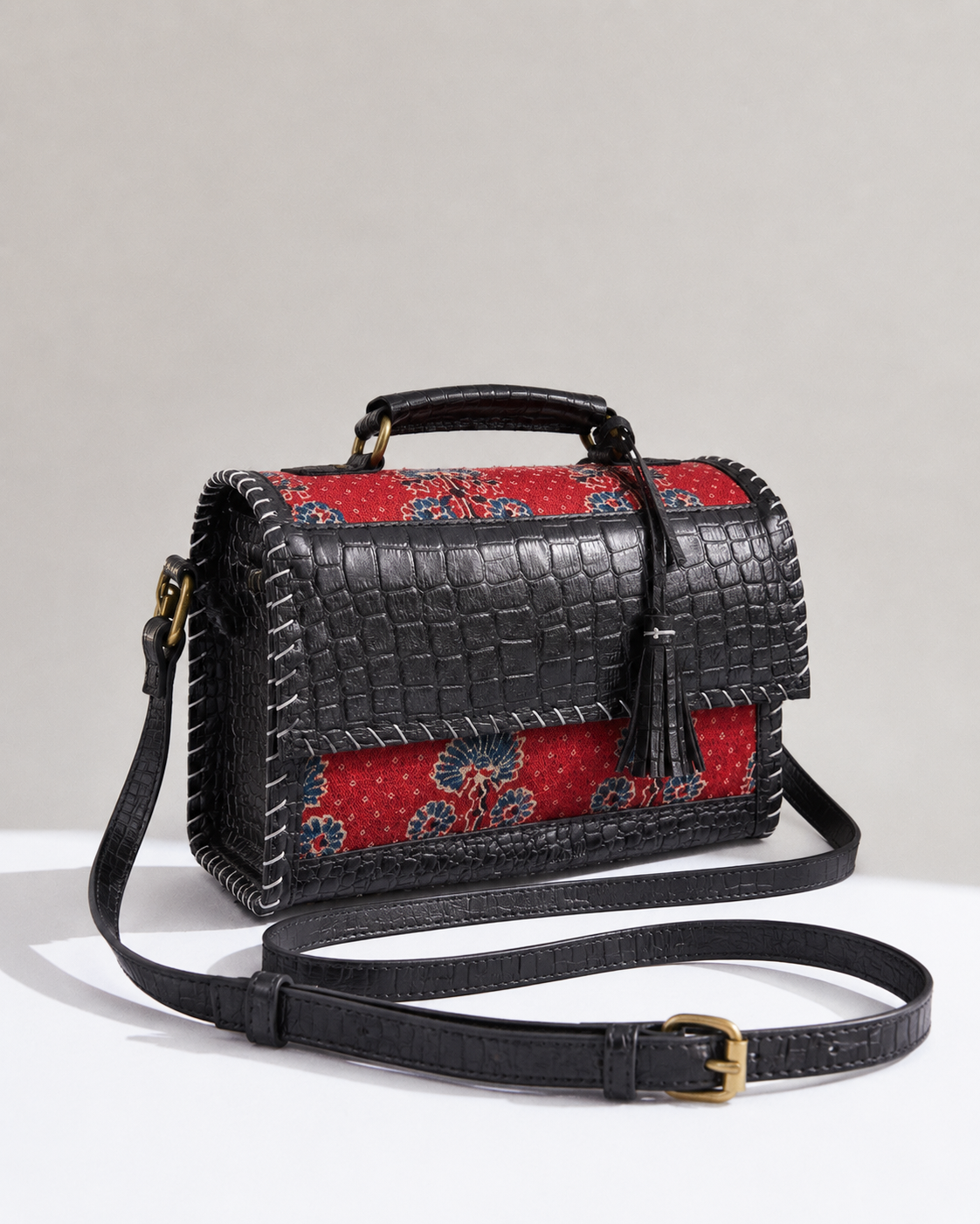 Handcrafted Kutch Print Leather Box Sling Bag