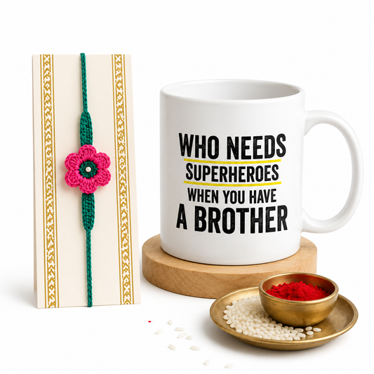 Handmade Crochet Flower Rakhi with Best Brother Ever Printed Ceramic Mug Gift Set | Raksha Bandhan Gift for Brother